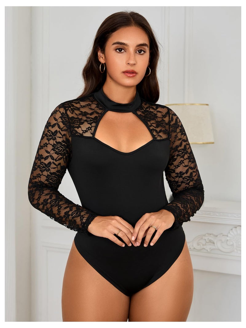 MakeMeChic Women's Plus Size Floral Lace Bodysuit Fall Mock Neck Long Sleeve Cut Out Tee Shirts Black 1XL - Image 3