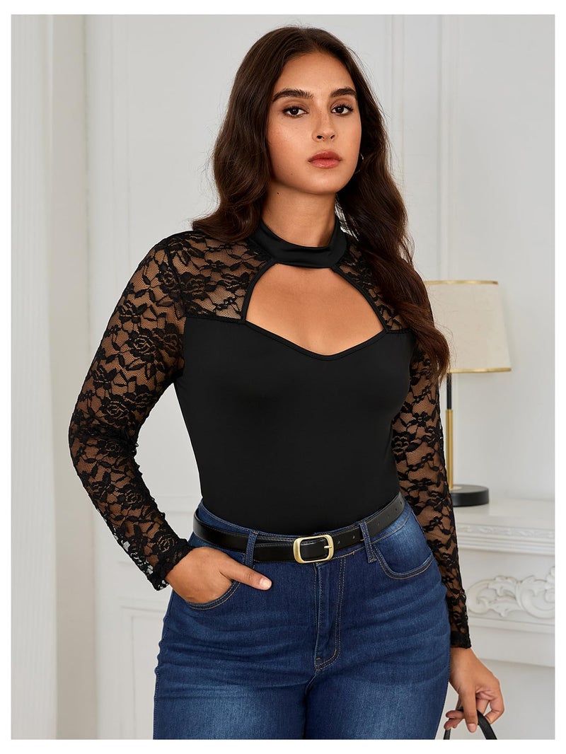MakeMeChic Women's Plus Size Floral Lace Bodysuit Fall Mock Neck Long Sleeve Cut Out Tee Shirts Black 1XL - Image 4