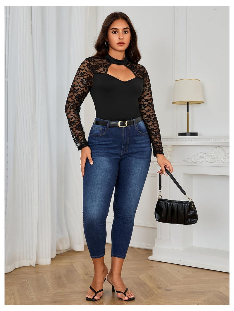 MakeMeChic Women's Plus Size Floral Lace Bodysuit Fall Mock Neck Long Sleeve Cut Out Tee Shirts Black 1XL - Image 5
