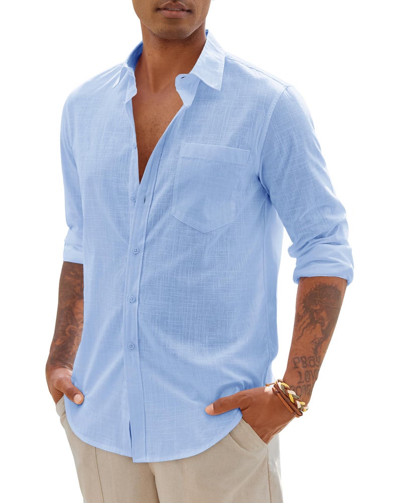 DEMEANOR Linen Shirts for Men Long Sleeve Cotton Casual Beach Summer Wedding Lightweight Button Down Shirt with Pocket Blue Large - Image 2