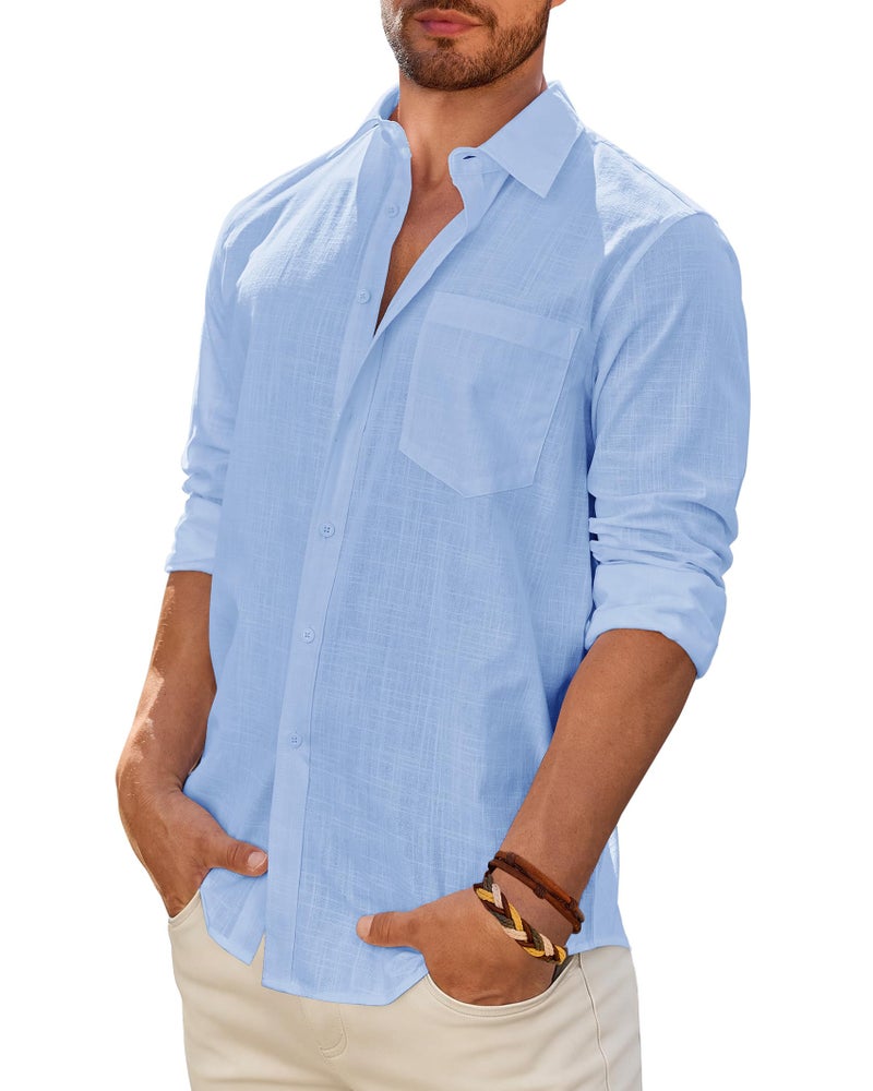 DEMEANOR Linen Shirts for Men Long Sleeve Cotton Casual Beach Summer Wedding Lightweight Button Down Shirt with Pocket Blue Large - Image 1