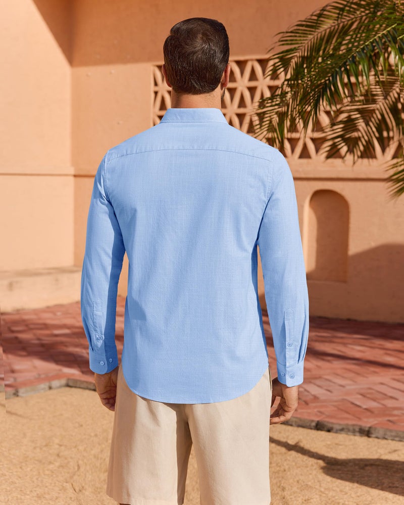 DEMEANOR Linen Shirts for Men Long Sleeve Cotton Casual Beach Summer Wedding Lightweight Button Down Shirt with Pocket Blue Large - Image 3