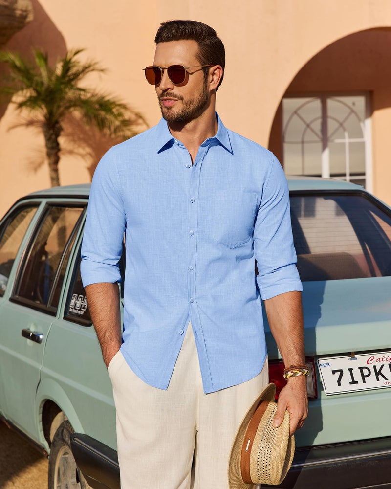 DEMEANOR Linen Shirts for Men Long Sleeve Cotton Casual Beach Summer Wedding Lightweight Button Down Shirt with Pocket Blue Large - Image 5