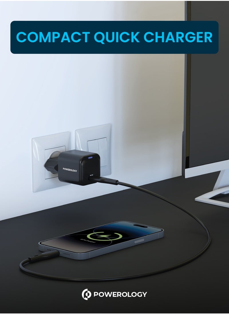 Powerology iPhone Charger USB-C Port Ultra-Compact 20W PD Gan Charger EU 2 Pin Fast Charging - Black  - Image 5