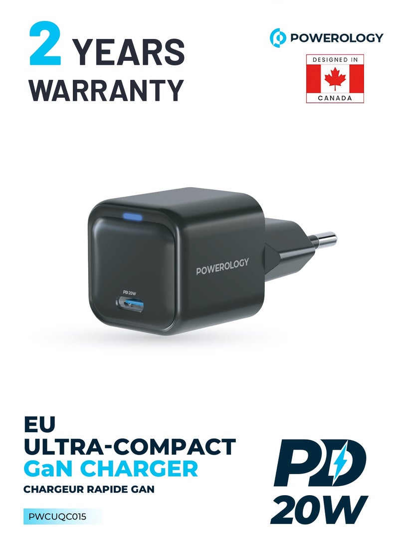 Powerology iPhone Charger USB-C Port Ultra-Compact 20W PD Gan Charger EU 2 Pin Fast Charging - Black  - Image 1
