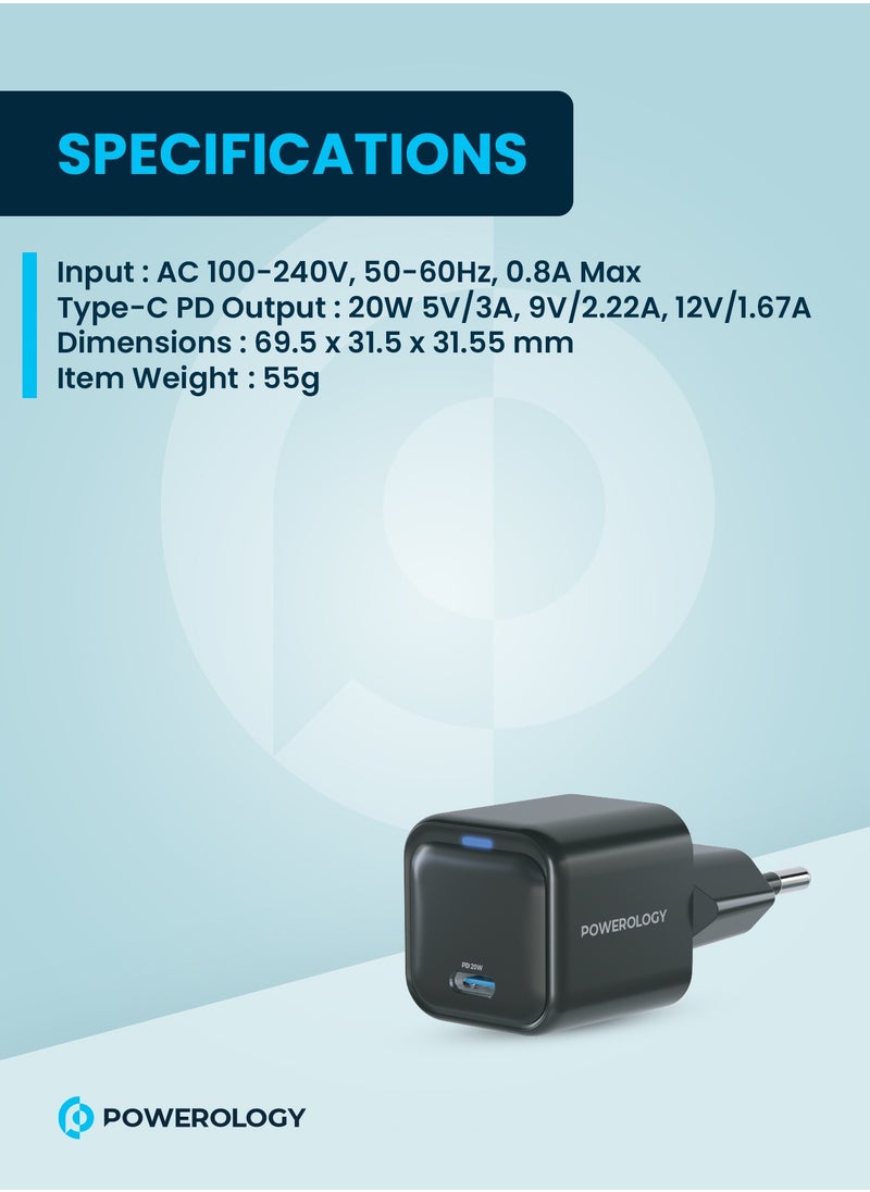 Powerology iPhone Charger USB-C Port Ultra-Compact 20W PD Gan Charger EU 2 Pin Fast Charging - Black  - Image 3