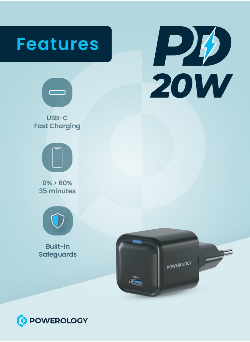 Powerology iPhone Charger USB-C Port Ultra-Compact 20W PD Gan Charger EU 2 Pin Fast Charging - Black  - Image 2