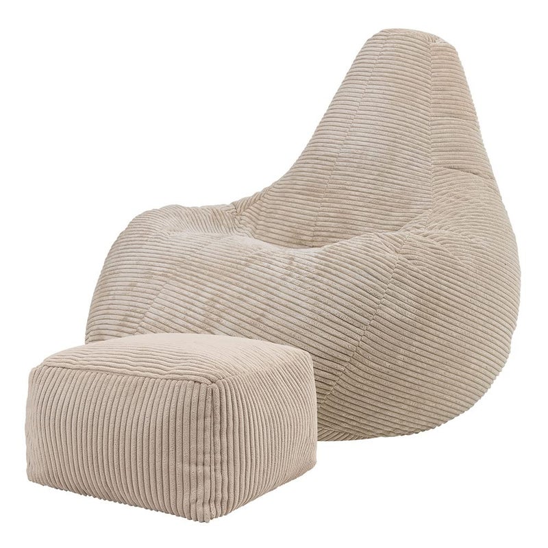 icon Dalton Cord Recliner Bean Bag with Footstool Beige Large Adult Bean Bag Chair with Filling Included Comfy Chair Living Room Furniture Bedroom Furniture