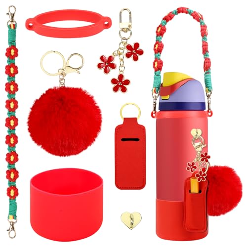 SLEILIN Compatible for Owala Accessories Bundle: Silicone Boot for 24oz & 32oz Bottles, Charms, Handle, Strap, Rubber Bottoms, and Decorative Add-ons for Your Compatible for Owala Water Bottle, Red - Image 1
