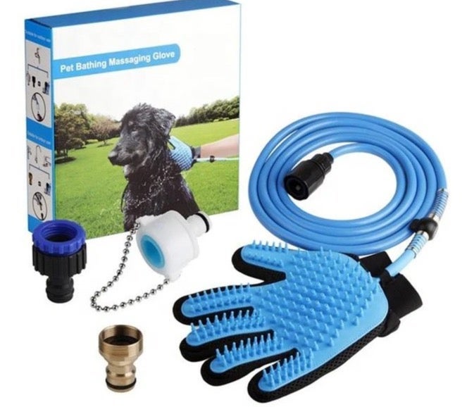 Pet Bathing Massaging Gloves (With External Hose) For Outdoor Grooming - Image 1