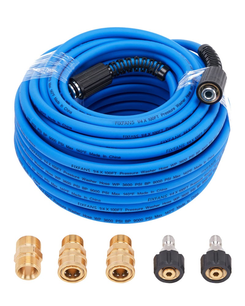 FIXFANS Pressure Washer Hose 14 X 100 FT High Power Washer Extension Hose Kink Wear Resistant High Pressure Hose for Replacement Compatible with M22 Fittings 3600PSI