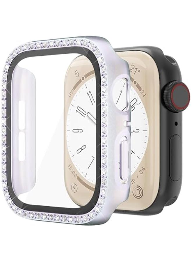 حافظة لامعة متوافقة مع ساعة آبل 42 مم iwatch 3 2 1 مصنوعة من بلاستيك صلب بتدرجات خيالية، مزينة بحجر الراين الفلورسنت، مزودة بواقي شاشة من الزجاج المقسى، لون بنفسجي - Image 1