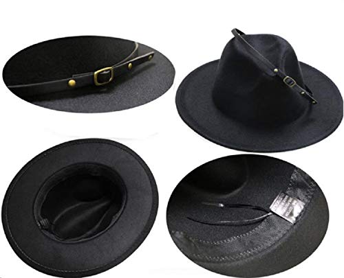 OVOY Women Classic Fedora Hat 1920s Wide Brim Felt Jazz Hats Panama Dress Hat Rancher Boho Fedora Western Hats with Belt Buckle Black - Image 4