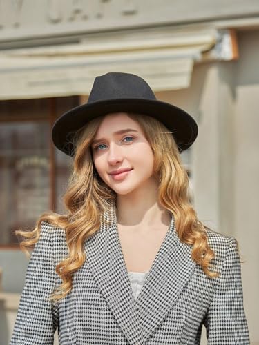 OVOY Women Classic Fedora Hat 1920s Wide Brim Felt Jazz Hats Panama Dress Hat Rancher Boho Fedora Western Hats with Belt Buckle Black - Image 2