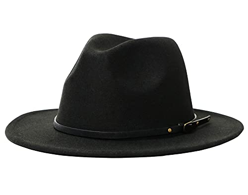 OVOY Women Classic Fedora Hat 1920s Wide Brim Felt Jazz Hats Panama Dress Hat Rancher Boho Fedora Western Hats with Belt Buckle Black - Image 1
