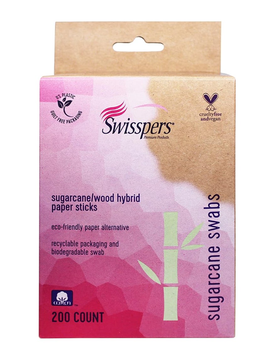 Swisspers Swisspers Sugarcane/Wood Stick Hybrid Swab, 100% Cotton Tips, Biodegradable and Compostable, 200 per Pack, 6 Packs 