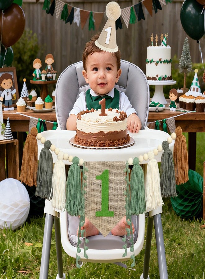 Ereniko Wild One High Chair Banner Boy First Birthday Decorations,Jungle Green 1st Highchair Banner,Woodland One Year Old Party Decor Babys Themes Wood Bead Tassel Garland - Image 4