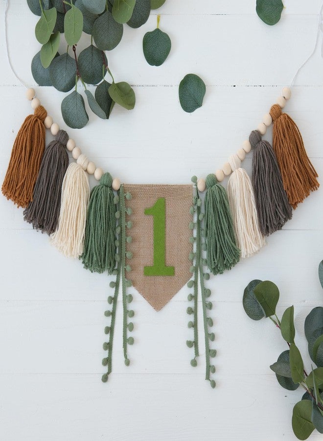 Ereniko Wild One High Chair Banner Boy First Birthday Decorations,Jungle Green 1st Highchair Banner,Woodland One Year Old Party Decor Babys Themes Wood Bead Tassel Garland - Image 1