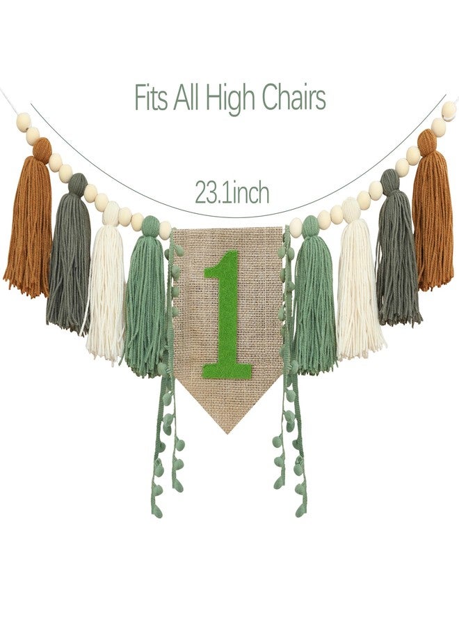 Ereniko Wild One High Chair Banner Boy First Birthday Decorations,Jungle Green 1st Highchair Banner,Woodland One Year Old Party Decor Babys Themes Wood Bead Tassel Garland - Image 2