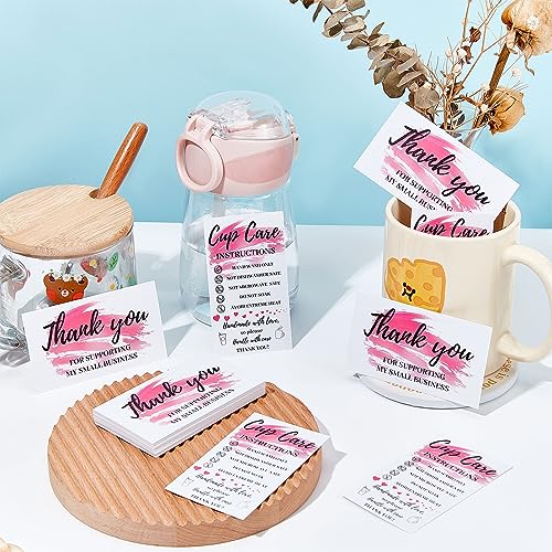 PLIGREAT ‎PLIGREAT Tumbler Cup Cards, Double Sided Tumbler Care Instructions Cards Cups Care Cards Pink Thank You Card Customer Direction Cards for Mugs Online Shop Owner Gift Package Insert Card (120 Pack) - Image 2