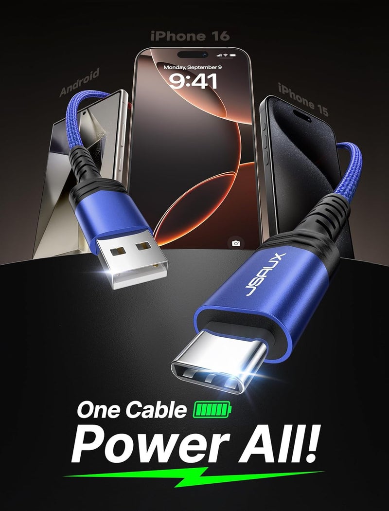 jsaux USB C Cable [2-Pack 6.6ft], USB A to USB Cord 3.1A Fast Charging Compatible with iPhone 16/16 Plus/16 Pro/16 Pro Max/iPhone 16e/iPhone 15 Series, Samsung S20 S10 S9, Note 20 10, Car Play - Blue - Image 2