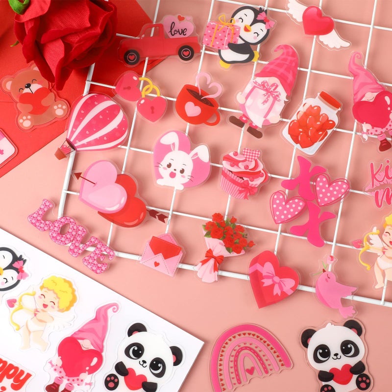 MARFOREVER 50 Pcs Valentine's Day Gel Window Clings Heart Love Rose Bear Gnome Thick Gel Clings Cartoon Valentines Window Stickers Decals for Valentines Day Classroom Nursery Office Party Decoration - Image 2