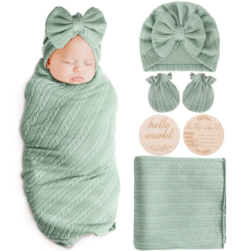 AQOKKA Newborn Receiving Blanket with Bow Hat Mittens Wooden Card Set Wheat-Pattern Newborns Toddler Baby Boy Girl Nursery Swaddle Wrap - Image 1
