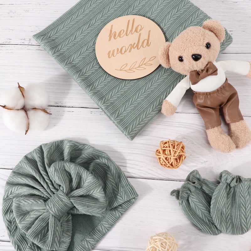 AQOKKA Newborn Receiving Blanket with Bow Hat Mittens Wooden Card Set Wheat-Pattern Newborns Toddler Baby Boy Girl Nursery Swaddle Wrap - Image 2