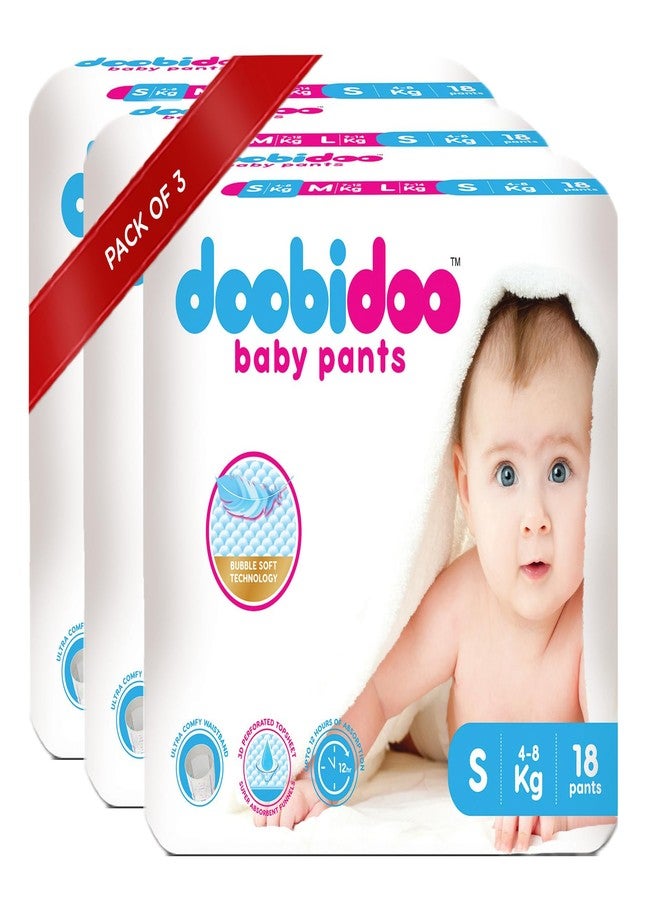 Doobidoo Baby Pants Diapers - S Size | All-Round Softness with Bubble Soft Topsheet & Anti-Leak Side Cuffs | High Absorbency & Rash-Free Comfort for Babies (4–8 kg) - Pack of 3 | 54 Count - Image 1