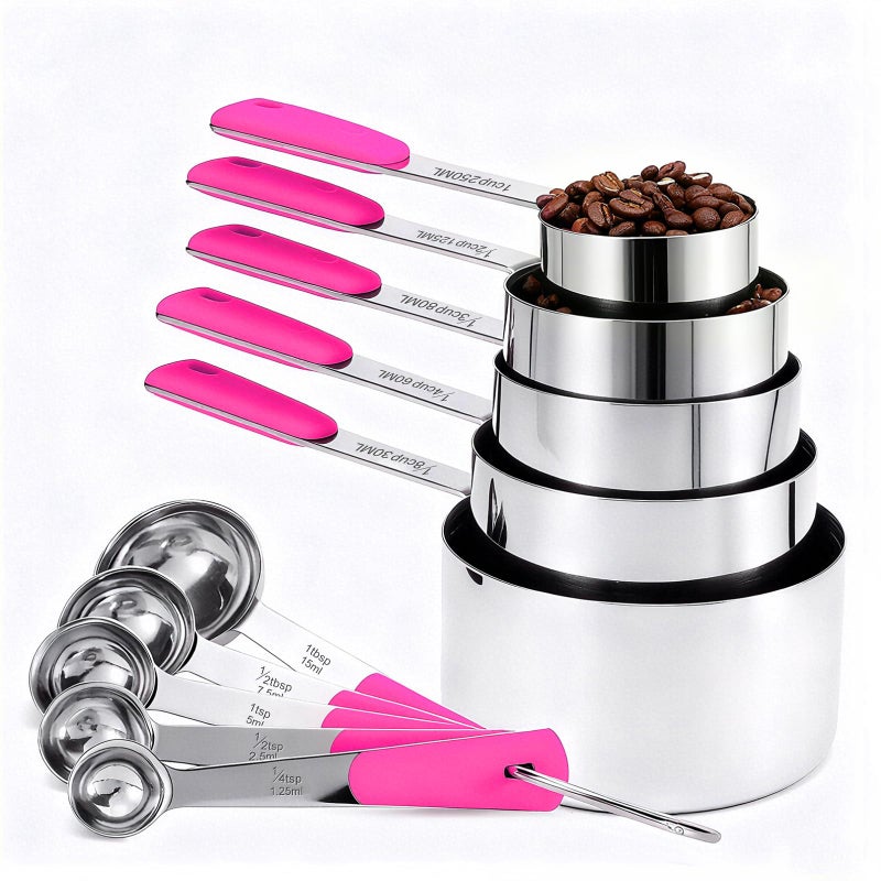 Bopei Measuring Cups and Spoons Set Stainless Steel 10 Piece for Cooking and Baking (5 Cups + 5 Spoons, Pink Handle) - Image 1