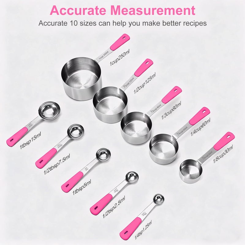 Bopei Measuring Cups and Spoons Set Stainless Steel 10 Piece for Cooking and Baking (5 Cups + 5 Spoons, Pink Handle) - Image 2