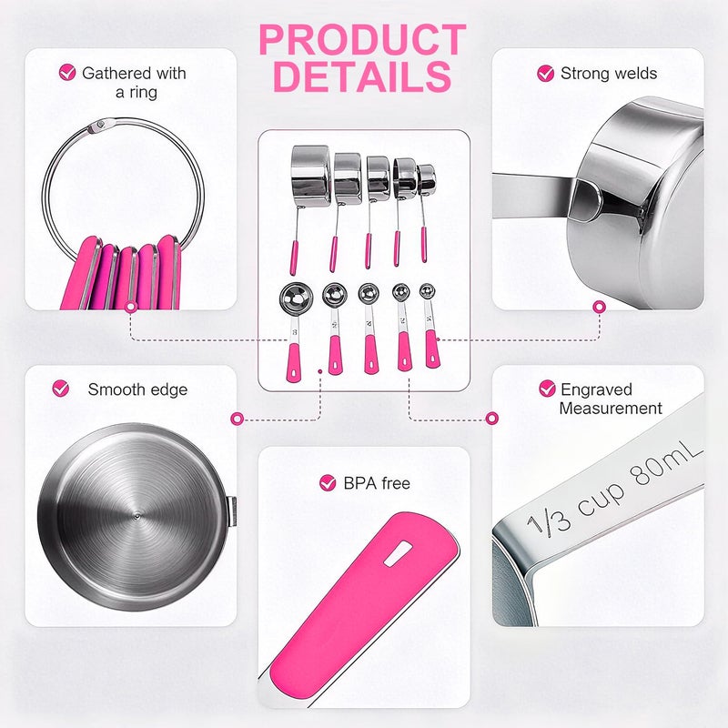 Bopei Measuring Cups and Spoons Set Stainless Steel 10 Piece for Cooking and Baking (5 Cups + 5 Spoons, Pink Handle) - Image 3