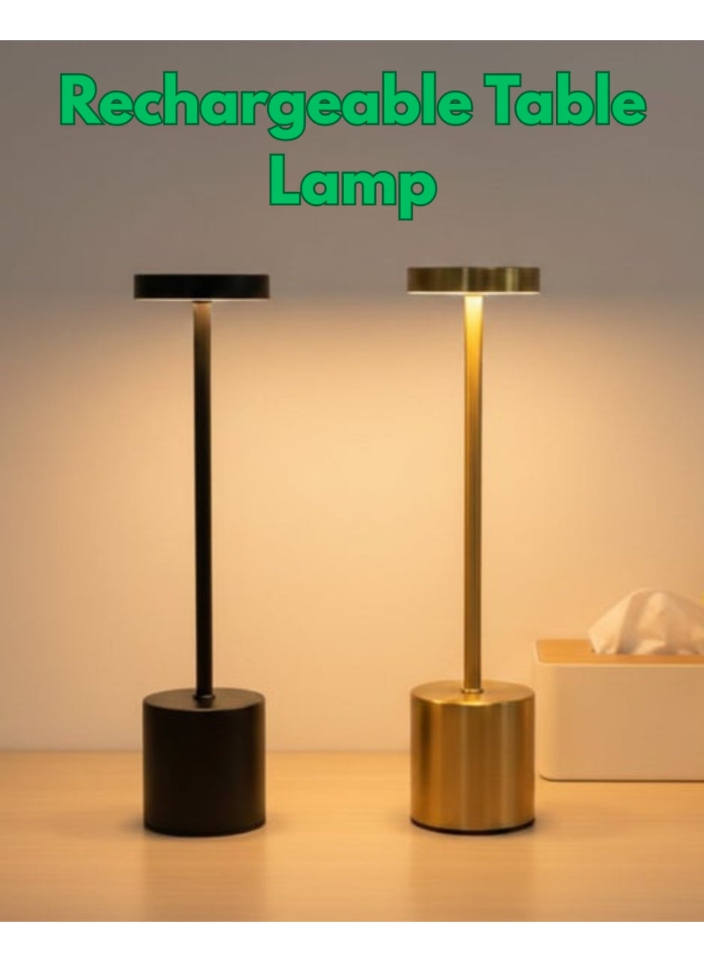 Rechargeable Cordless Table Lamp with Touch Sensor | Aluminum Shell | 3 Levels Brightness | USB-C Charging Port | 3000K Portable Metal Bedside Lamp – Black & Gold | Modern LED