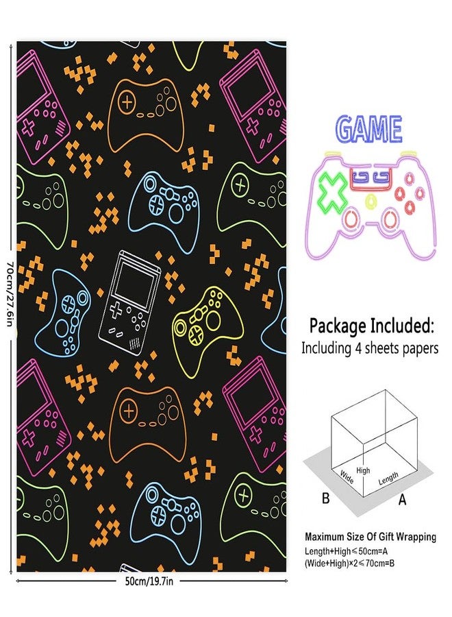 Geluode Gaming Birthday Wrapping Paper for Kids Boys Girls Men, 4 Sheets Video Game Design Gift Wrap, Neon Lights Gamer Wrapping Paper Folded Flat 20 x 28 Inches per Sheet for Birthday Game Party - Image 2