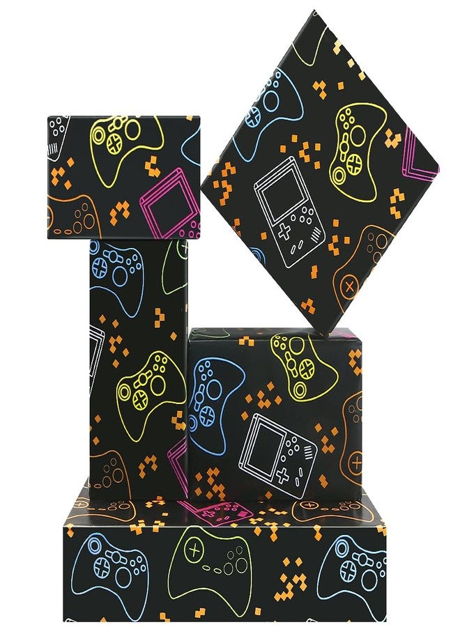 Geluode Gaming Birthday Wrapping Paper for Kids Boys Girls Men, 4 Sheets Video Game Design Gift Wrap, Neon Lights Gamer Wrapping Paper Folded Flat 20 x 28 Inches per Sheet for Birthday Game Party - Image 1