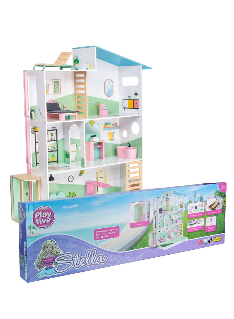 Playtive Playtive Stella Wooden Dollhouse for Kids , Extra Large  Modern Villa Doll House with Furniture, Balcony, Elevator & Rooftop , Stylish Roleplay Set for Girls & Boys , Includes Full Room Setup Bedroom, Bathroom, Garden & Living Room , Durable Wood Construction , Easy Assembly , Promotes Creativity & Imaginative Play , Ideal Gift for Children Ages 3 and Up 