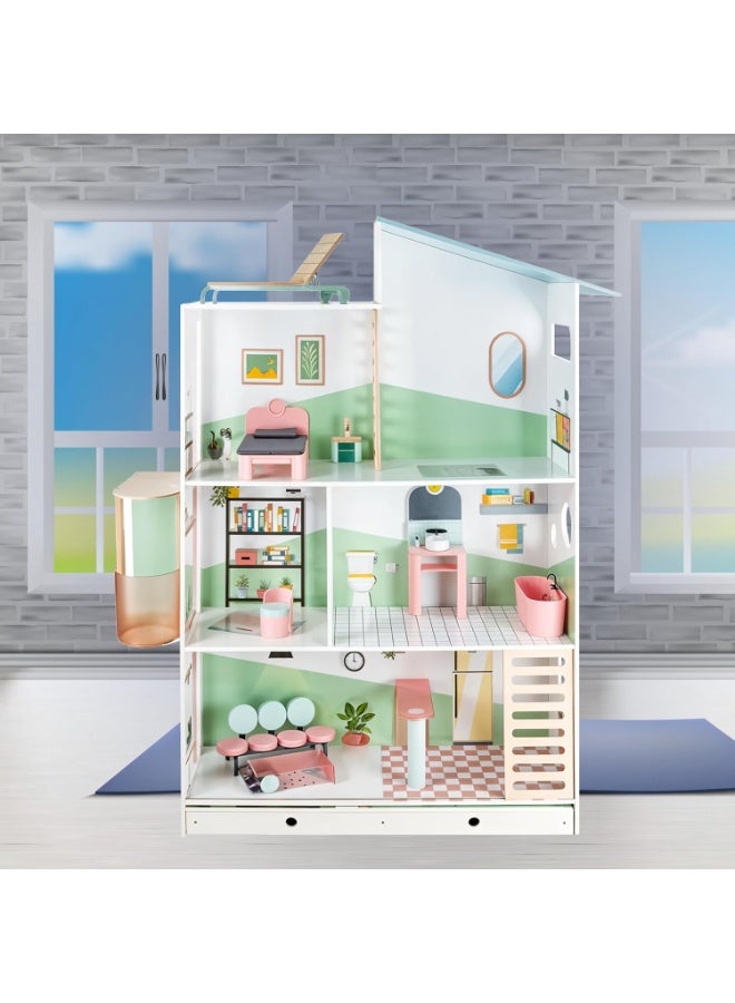 Playtive Stella Wooden Dollhouse for Kids , Extra Large  Modern Villa Doll House with Furniture, Balcony, Elevator & Rooftop , Stylish Roleplay Set for Girls & Boys , Includes Full Room Setup Bedroom, Bathroom, Garden & Living Room , Durable Wood Construction , Easy Assembly , Promotes Creativity & Imaginative Play , Ideal Gift for Children Ages 3 and Up - Image 2