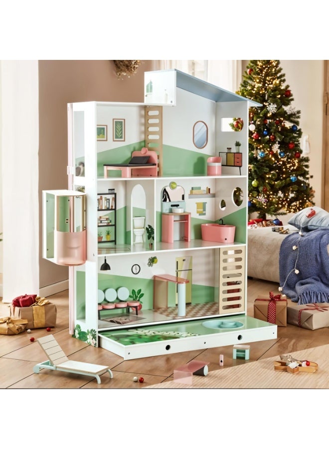 Playtive Stella Wooden Dollhouse for Kids , Extra Large  Modern Villa Doll House with Furniture, Balcony, Elevator & Rooftop , Stylish Roleplay Set for Girls & Boys , Includes Full Room Setup Bedroom, Bathroom, Garden & Living Room , Durable Wood Construction , Easy Assembly , Promotes Creativity & Imaginative Play , Ideal Gift for Children Ages 3 and Up - Image 4