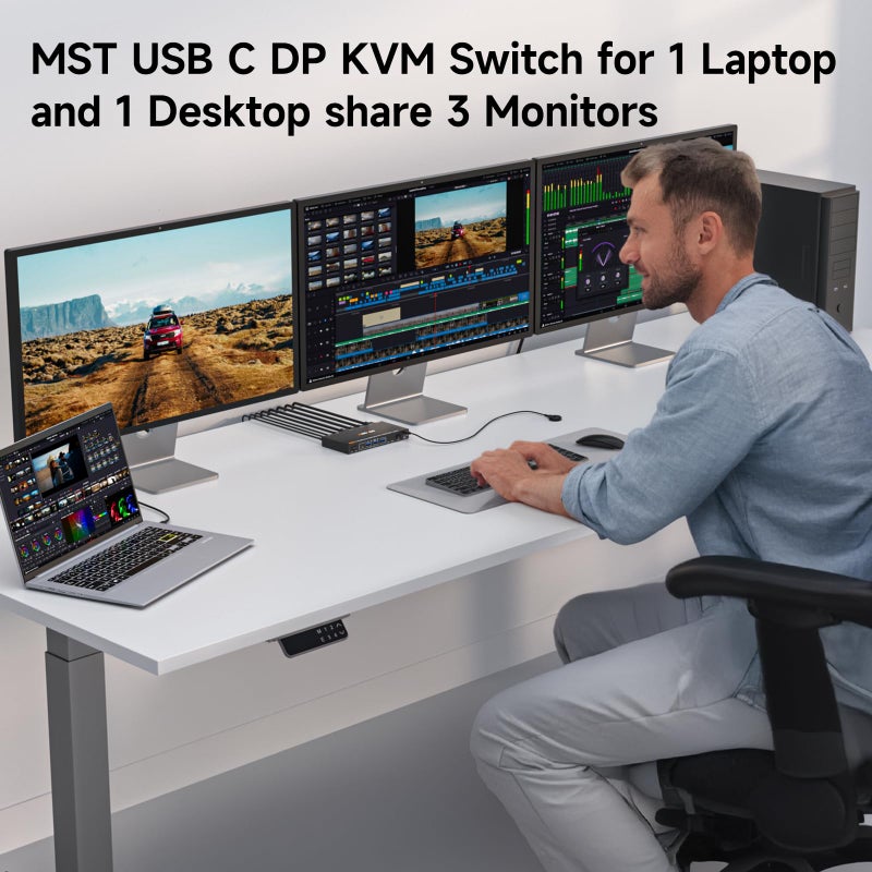 AOOCOO مفتاح KVM USB C DP لعدد 2 كمبيوتر و3 شاشات، 4K/1080P@60Hz مفتاح KVM لمشاركة 3 شاشات مع 1 كمبيوتر و1 لابتوب مع 4 أجهزة USB3.0، PD للابتوب، كابلات USB ومحول طاقة (4K USB C DP 2 في 3 خارج)  - Image 3