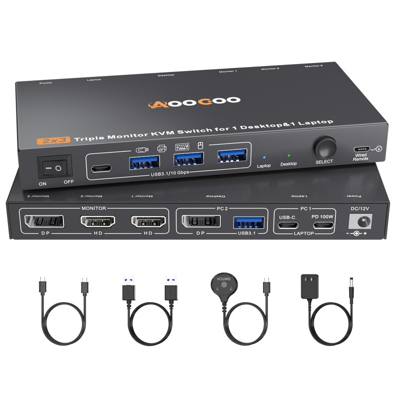 AOOCOO مفتاح KVM USB C DP لعدد 2 كمبيوتر و3 شاشات، 4K/1080P@60Hz مفتاح KVM لمشاركة 3 شاشات مع 1 كمبيوتر و1 لابتوب مع 4 أجهزة USB3.0، PD للابتوب، كابلات USB ومحول طاقة (4K USB C DP 2 في 3 خارج)  - Image 1