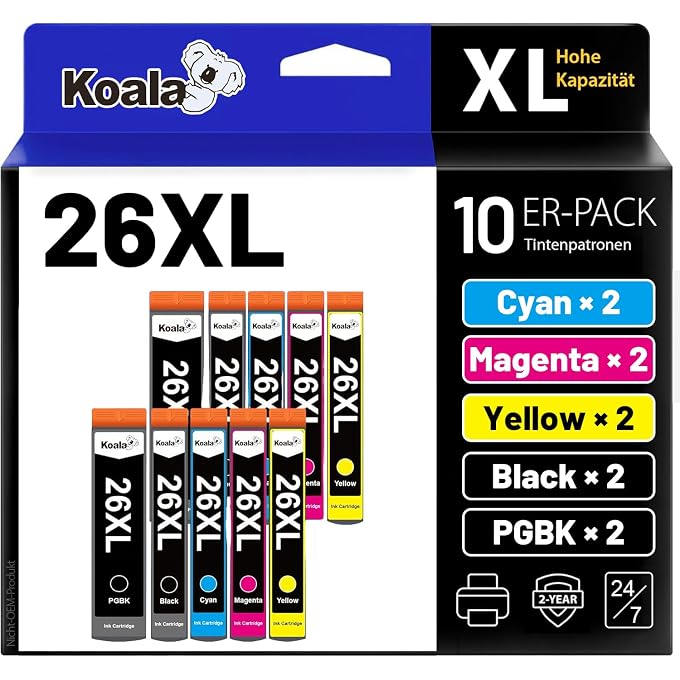 Koala Pack of 10 26XL Ink Cartridges Compatible with 26 XL 26XL Multipack for Expression Premium XP-600 XP-620 XP-510 XP-520 XP-820 XP-810 XP-800 XP-605 XP-615 XP-700 XP-720