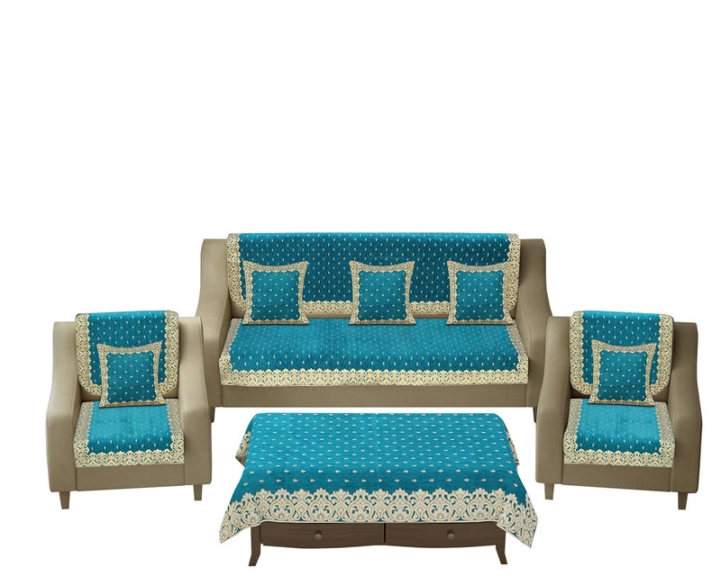 SAWNA HOMES Premium 5 Seater Printed Sofa Cover Set with Cushion + Table Covers, 3,1,1 Seater 10 Pieces Sofa Back Slip Panels, Single Seater,Sky Blue (Pack of 12) - Image 2