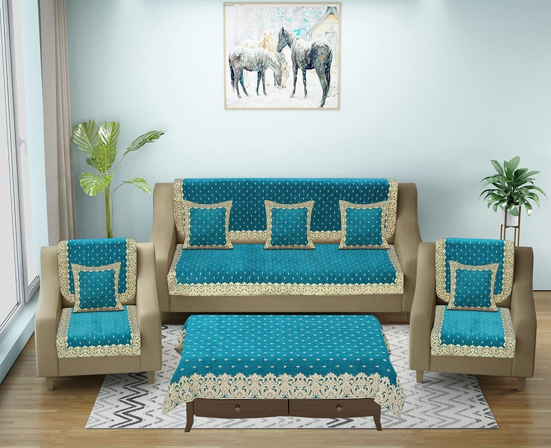 SAWNA HOMES Premium 5 Seater Printed Sofa Cover Set with Cushion + Table Covers, 3,1,1 Seater 10 Pieces Sofa Back Slip Panels, Single Seater,Sky Blue (Pack of 12) - Image 1