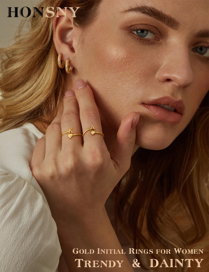 Honsny Gold Initial Rings for Women Non Tarnish 18K Gold Plated Heart Initial Stackable Rings Adjustable Pinky Rings for Women Cute Dainty Alphabet Capital Letter Rings Jewerly Gift - Image 2