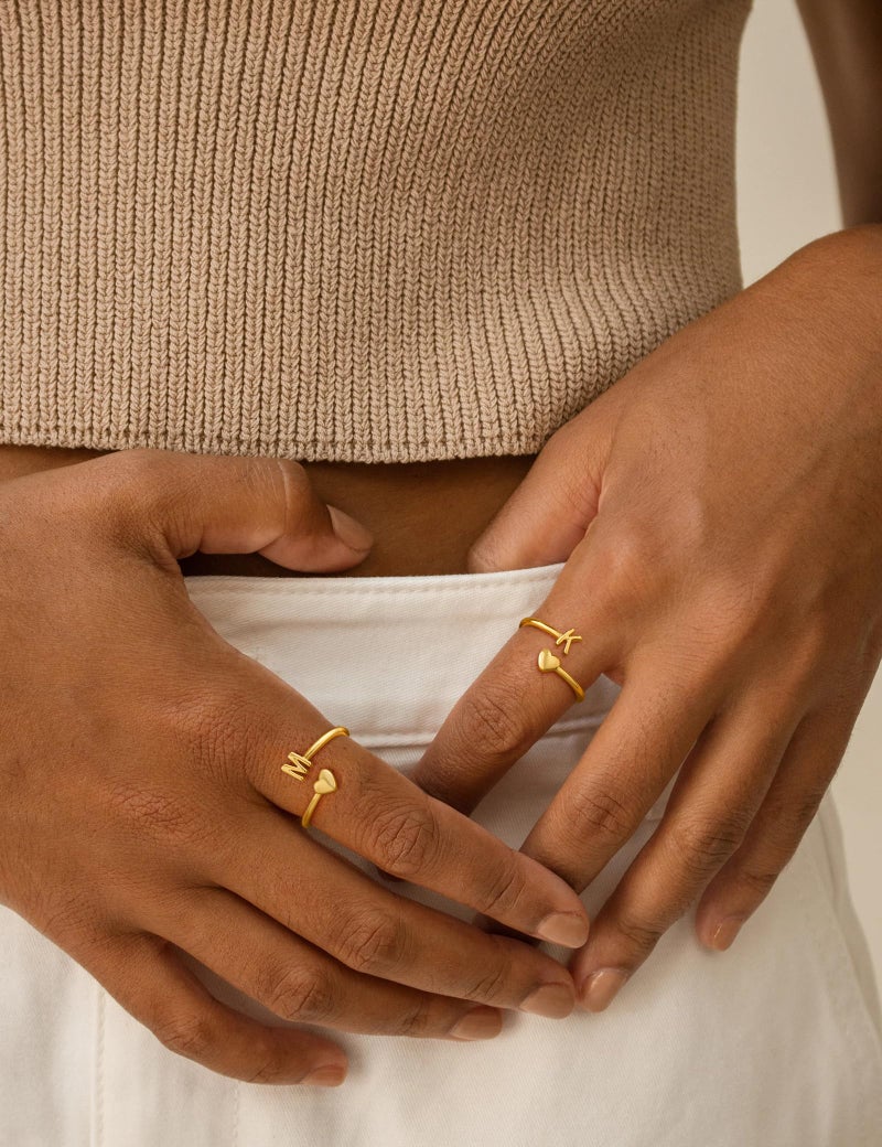 Honsny Gold Initial Rings for Women Non Tarnish 18K Gold Plated Heart Initial Stackable Rings Adjustable Pinky Rings for Women Cute Dainty Alphabet Capital Letter Rings Jewerly Gift - Image 4