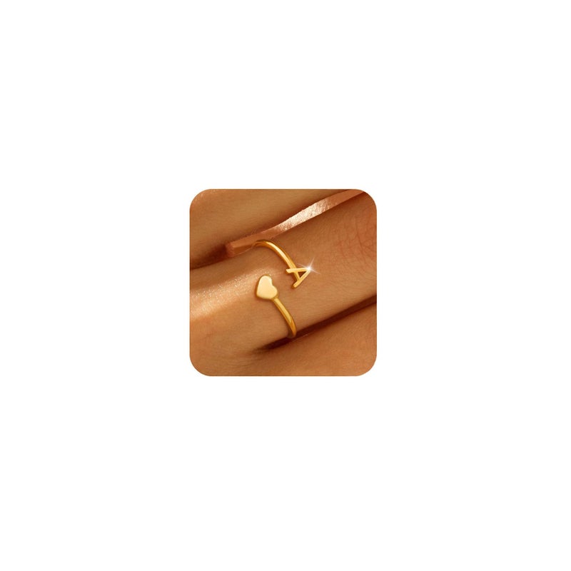 Honsny Gold Initial Rings for Women Non Tarnish 18K Gold Plated Heart Initial Stackable Rings Adjustable Pinky Rings for Women Cute Dainty Alphabet Capital Letter Rings Jewerly Gift - Image 1
