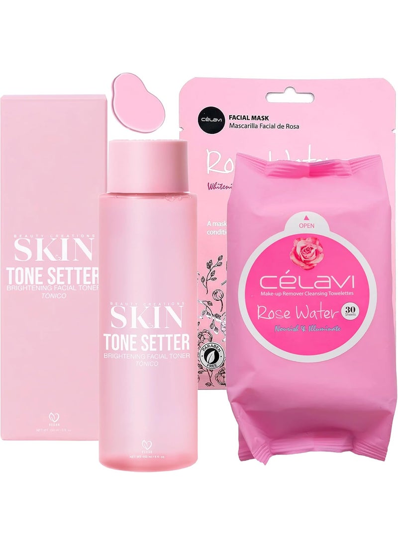 Glam Lux Skin Bundle Beauty Creations Hydrating Skin Clearing Winkles Skin Tone Setter Brightening Facial Toner Korean 1 pc Celavi Face Sheet Korean Mask 1 pc Celavi Makeup Remover Towelettes 