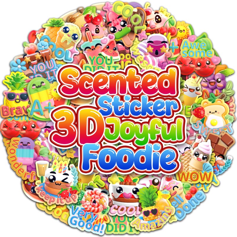 HORIECHALY 240 Pcs 3D Large Food Scratch and Sniff Stickers, Motivational Reward Scented Sticker for Kids & Teachers, Smelly Stickers for Classroom, Birthday, Student Party, School - Image 1