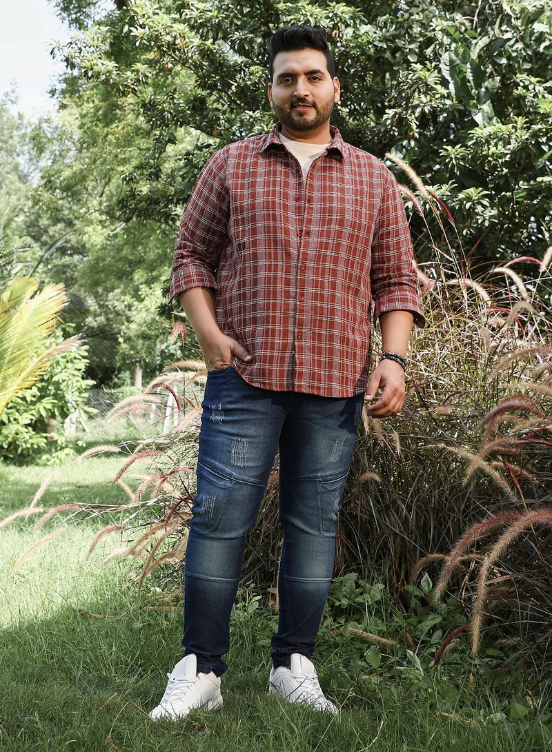 Instafab Plus  Instafab Plus Men's Russet Brown Woven Static-Plaid Shirt For Casual Wear | Spread Collar | Long Cuffed Sleeves | Button Closure | Plus Size Shirt Crafted With Comfort Fit For Everyday Wear for Men | Best Price UAE