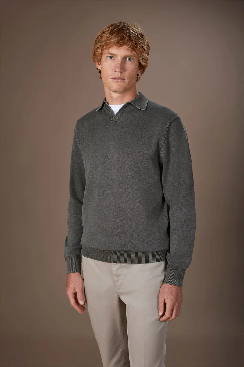 Men's long-sleeved polo shirt in 100% cotton - Olive Green